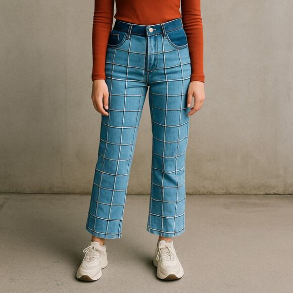 Jean Atelier Unique Grid Stitch Contrast Denim Flare Jeans Size 26 - Picture 1 of 8